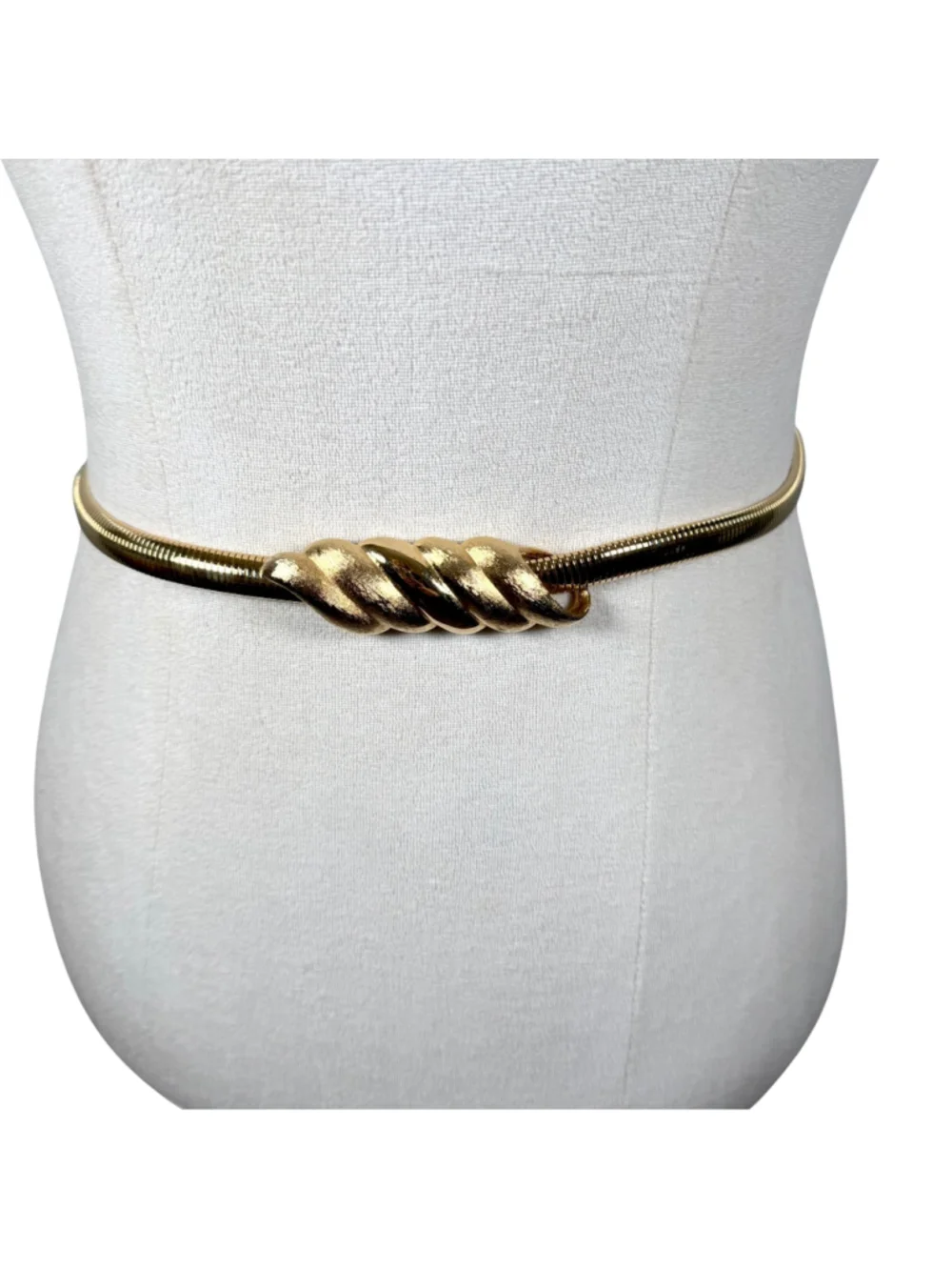 Vintage 70s Stretch Gold Metal Chain Belt Ribbon Twist Buckle Retro Glam Sz S/M